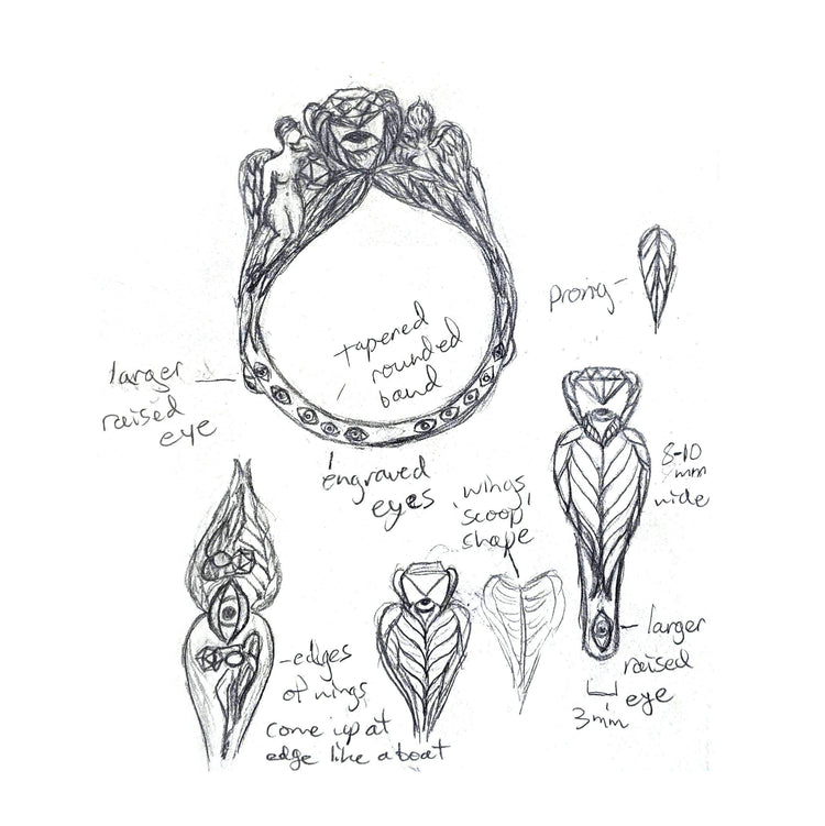 Art Drawing of a Sterling siler DND D&D engagement ring with 2 angels sculptures with wings emerald gemstone and dnd character art for ttrpg fans.