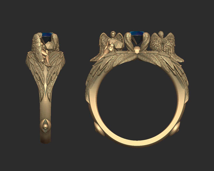 3D CAD image design for a Sterling siler DND D&D engagement ring with 2 angels sculptures with wings emerald gemstone and dnd character art for ttrpg fans.