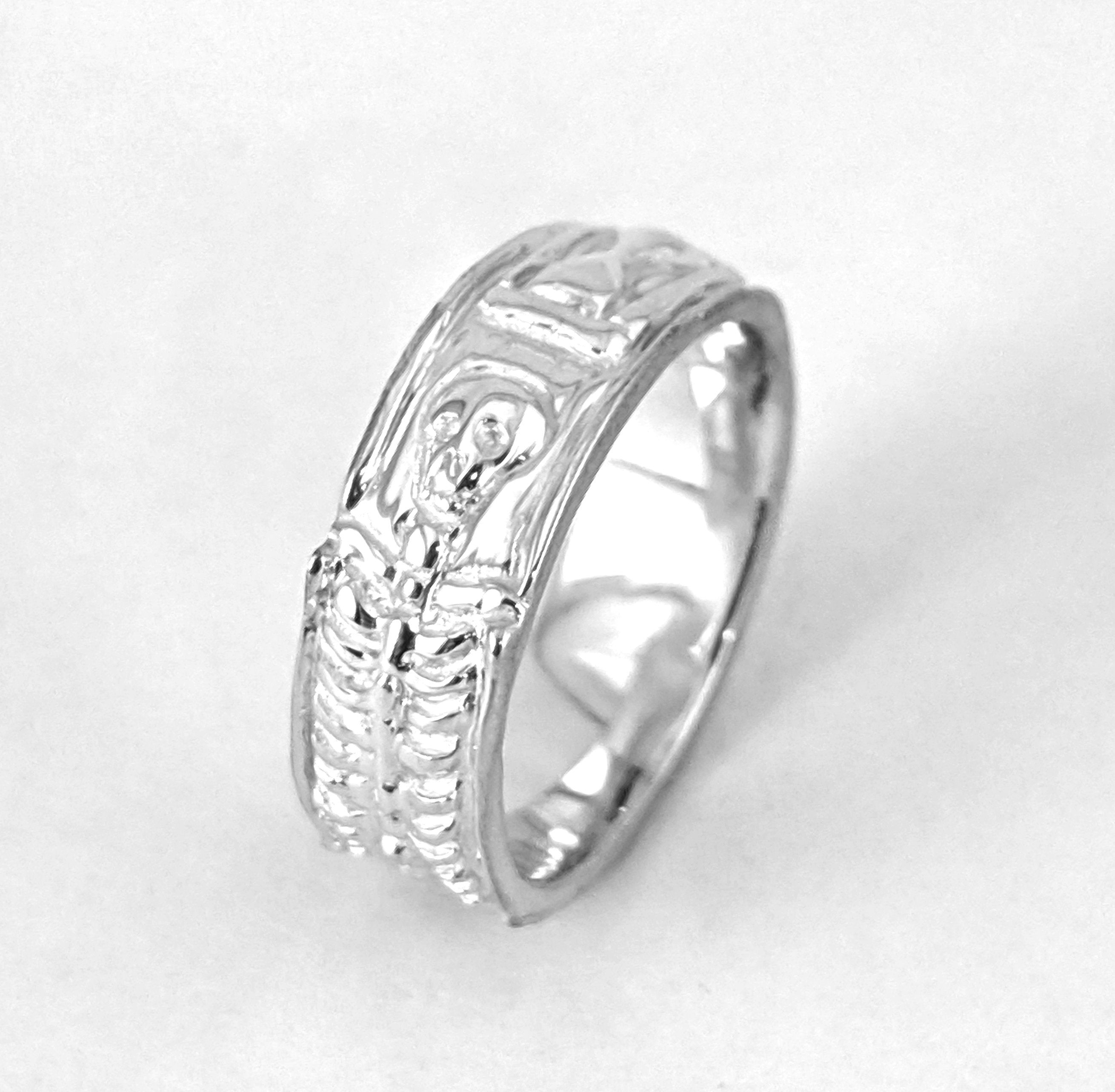 9 mm Wide Unique Gothic Skull Wedding Band, Birthstone Ring, July Ruby gemstone ring, Full Eternity popular Band for Men & Women, Sterling Silver